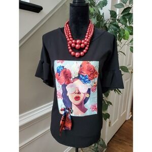 Love J Women Black Graphic Print Polyester Round Neck Short Sleeve Top Blouse 3X